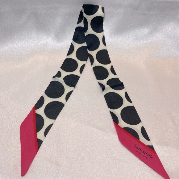 Kate Spade New York Silk Twilly Scarf,Black&White Polka Dots with Pink Edge-NEW - Picture 3 of 8
